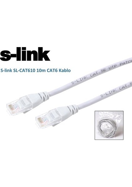 S-Link SL-CAT610 Cat6 10 Metre Gri Kablo Plastik Malzeme ile Yüksek Hız Destekli Bağlantı