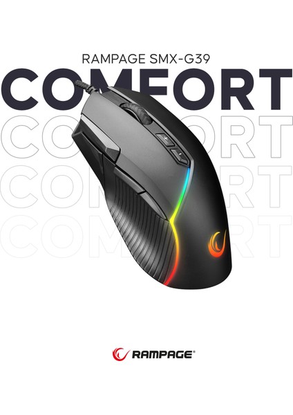 Rampage SMX-G39 COMFORT 8 Makro+Extra Atış Tuşlu( Drag Click ) 12800dpi RGB Ledli Gaming Oyuncu Mouse