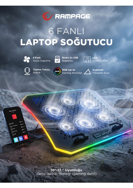 Rampage AD-RC34 Metafor Rgb 6 Fanlı Telefon Tutuculu Rgb Işıklı 15-17 Notebook Soğutucu Stand