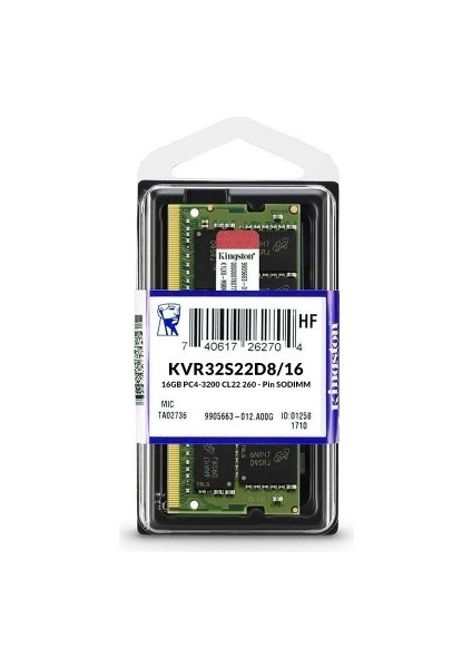 Kingston Kıngston 16GB SODIMM DDR4 3200MHz CL22 Ram Kapasitesi Oyun ve Tasarım Uyumlu KVR32S22D8/16
