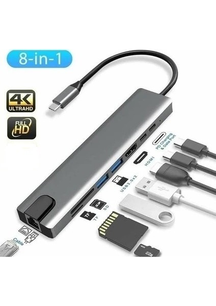 Comse Macbook Pro Air Uyumlu USB Type-C 8 Hub Dönüştürücü Çevirici Çoklayıcı USB Hdmı Micro Sd 8 Girişli