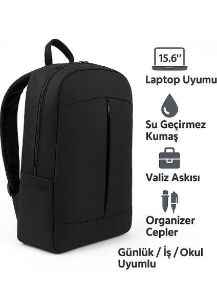 Northern Fashion 15.6" Notebook Bilgisayar Laptop Sırt Çantası Su Geçirmez Kumaş ve Fermuarlı Siyah Siyah Laptop Çantası 1