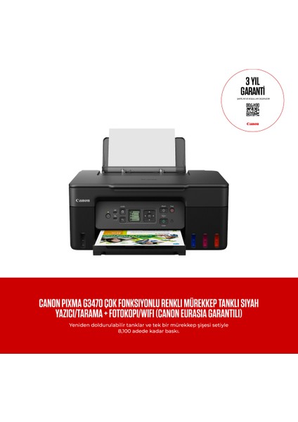 Canon PIXMA G3470 Çok Fonksiyonlu Renkli Mürekkep Tanklı Siyah Yazıcı/Tarama + Fotokopi/Wifi (Canon Eurasia Garantili)