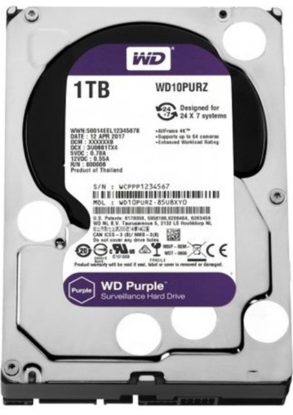 WD 1TB WD Purple SATA 6Gb/s 64MB DV 7x24 WD10PURZ