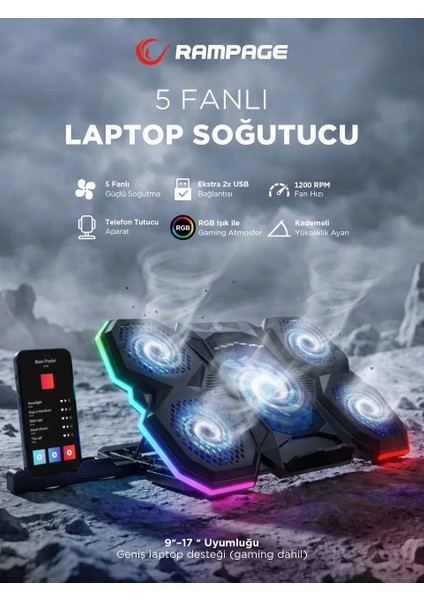 Rampage S47 Coolflow 5 Adet Kırmızı LED Fan 1 USB 7 Farklı Kademe Ayarı 10 17.3 Notebook Soğutucu Stand