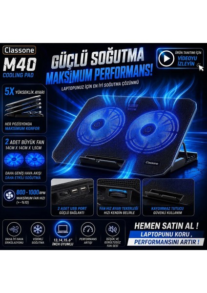Classone M40 Gaming Laptop Soğutucu Notebook Standı, Mavi LED ,14-15.6-17 Inch Uyumlu, 2 Fan, 2 USB