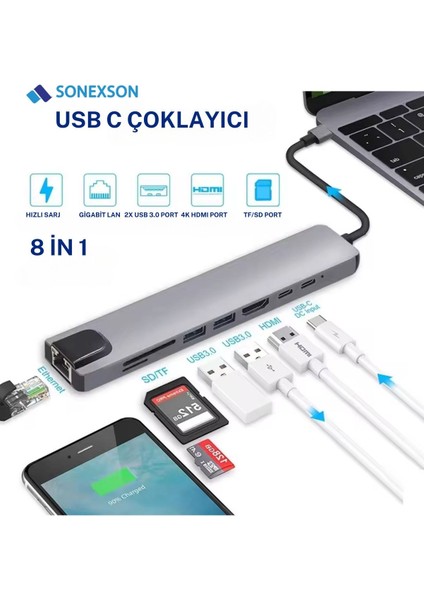Sonex USB Type-C Hub Dönüştürücü Çevirici Çoklayıcı USB Hdmı Micro Sd 8 Girişli