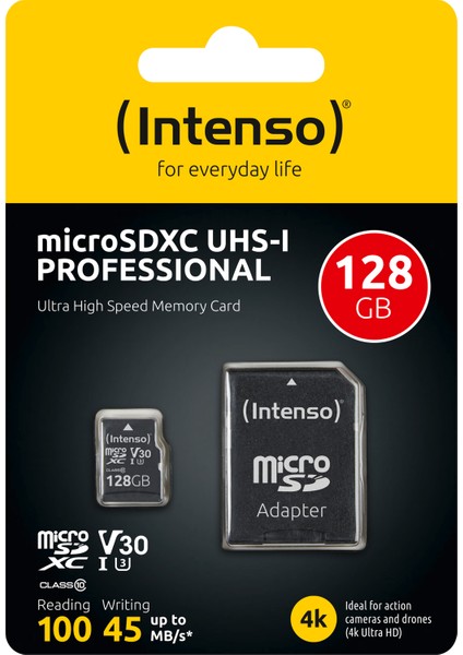 Intenso 128GB microSD Card UHS-I 128GB SDXC PROFESSIONAL Class10 ,U3,V30 (100MB/s 'a kadar okuma 45MB/s'e kadar yazma hızı)