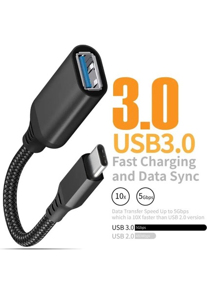 Derwell Yüksek Hızlı Veri Aktarma Usb 3.0 Otg To Type-C Data Şarj Çevirici Dönüştürücü Fotoğraf Müzik Aktarma Kablosu Hasır Kablo Siyah