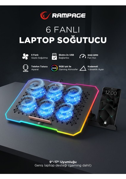 Rampage S48 Freez 15.6 inç Uyumlu Notebook Soğutucu Stand Siyah 6 Fan ile Ergonomik Tasarım