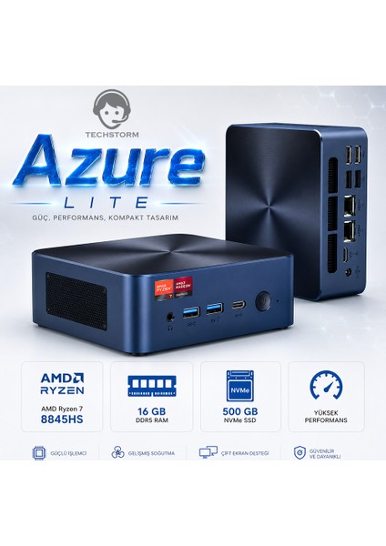 Techstorm Azure Lite AMD Ryzen 7 8845HS 16 GB DDR5 500 GB NVME Win11 Pro Mini Masaüstü Bilgisayar