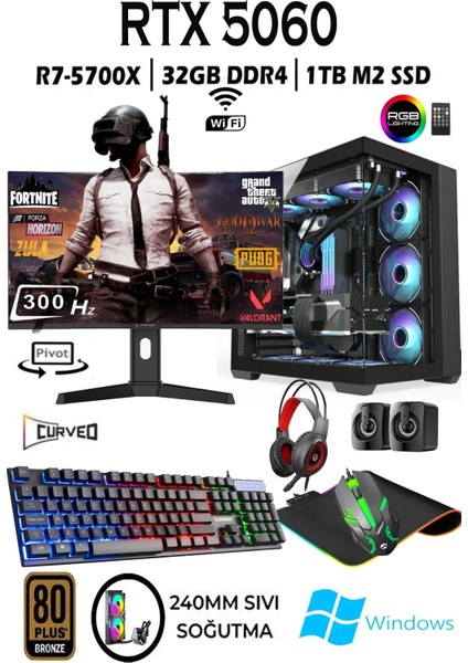 Teknocity Tcx1 Ryzen 7 5700X 32GB 1tb M.2 SSD RTX5060 27" 300HZ Sıvı Soğutmalı Oyuncu Bilgisayarı Hazır Sistem