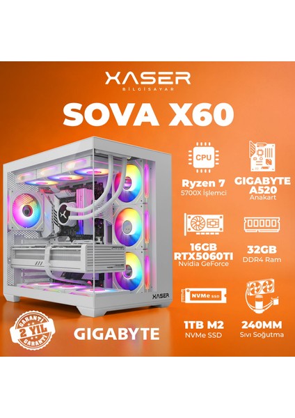 Xaser SOVAX60 Ryzen 7 5700X 32GB Ram 1tb M.2 Nvme SSD 16GB RTX5060TI Sıvı Soğutmalı Masaüstü Oyuncu Bilgisayarı