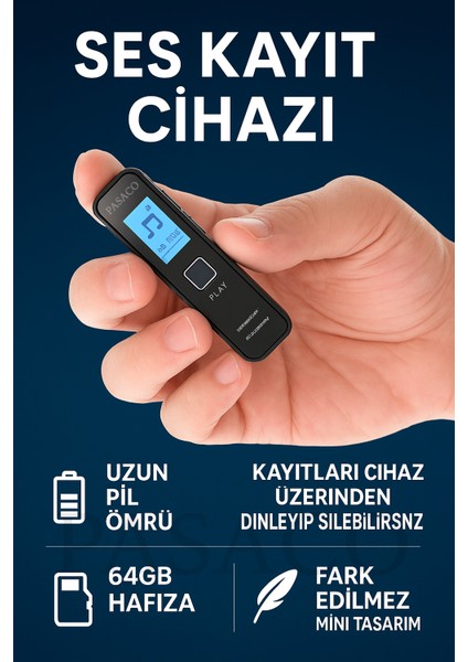 Pasaco Mini Ses Kayıt Cihazı Ekranlı Kulaklık Hediyeli 64GB Cihaz Üzerinden Kayıt Dinleme Özelliği