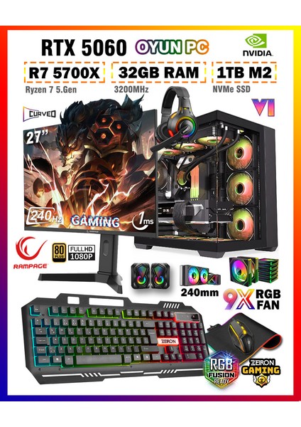 Zeiron Warrior Eagle X55 Ryzen 7 5700X 32GB 1tb M.2 SSD RTX5060 27" 240Hz Sıvı Soğutmalı Oyuncu Bilgisayar