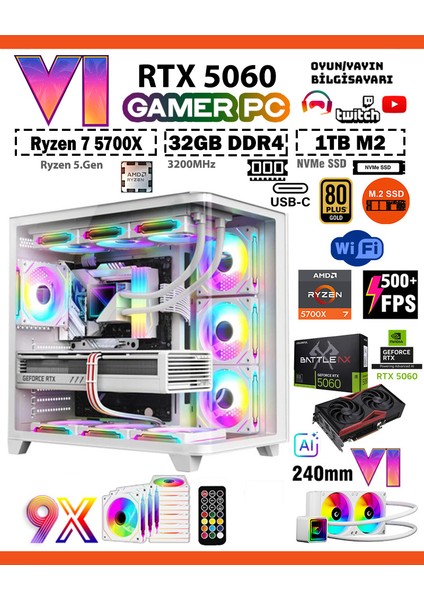 Zeiron Mirage X50 Pro White RTX5060 8GB ∣ R7 5700X ∣ 32GB RAM ∣ 1TB M.2 SSD Sıvı Soğutmalı Oyun Bilgisayarı