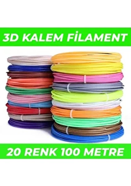 Junglee (Sadece Filament) 3D Pen Filament Pla 1.75MM Pla 20 Renk x 5 Metre 3 Boyutlu Kalem Plastiği Flamenti