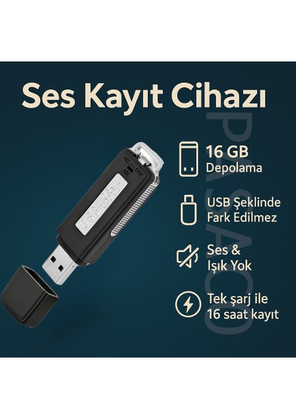 Pasaco Ses Kayıt Cihazı USB Şeklinde Fark Edilmez Tasarım 16GB Tek Şarj Ile 16 Saat Kayıt