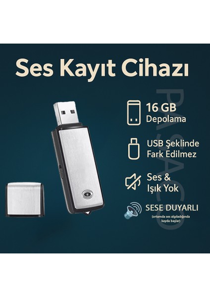 Pasaco Ses Kayıt Cihazı USB Şeklinde Fark Edilmez Tasarım 16GB Sese Duyarlı Kayıt Özelliği
