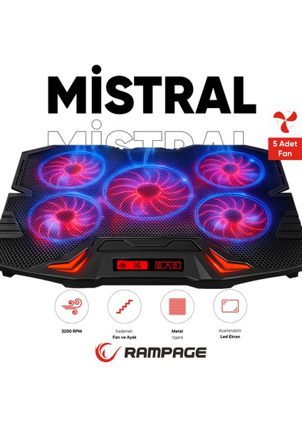 Rampage Mistral Kırmızı LED Lşıklı 5 Fanlı Yükseklik Ayarlı LCD Göstergeli Notebook Soğutucu Laptop Soğutucu