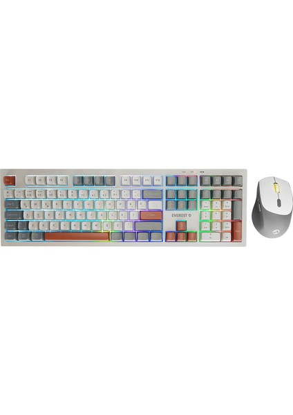 Everest Km-78 Rena Krem/gri/kahve Kablosuz 2.4 + Bt Rgb Aydınlatmalı Sessiz Q Su Sıçramasına Dayanıklı Klavye + Mouse Set