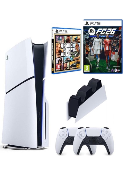 Sony Playstation 5 Slim +2.kol Dualsense +Şarj Istasyonu +Ps5 FC26 + Gta V ( Ithalatçı Garantili)