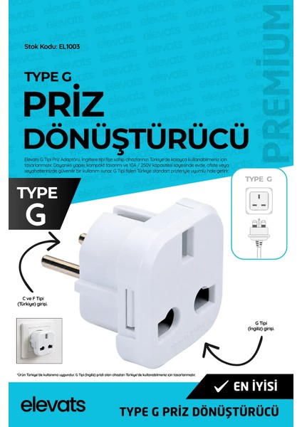 Elevats Premium Ingiliz Priz (Fiş) Çevirici Dönüştürücü Ingiliz Prizi Türk Prizine Çeviren Priz Dönüştürücü
