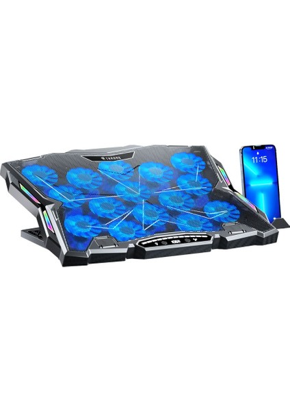 Throne Frost GT15 15X Turbo LED Fan - 10 Modlu Rgb - LCD Ekran - Ayarlabilir Fan Hızı & 9 Farklı Stand Yükseklik Kademesi – 2x USB - Metal Mesh Zemin Notebook Soğutucu - Siyah (9"-17" Boyut Destekli)
