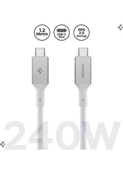 Spigen USB-C to USB-C 1.2 Metre Kablo 240W Güç / PPS 2.0 Desteği Super Hızlı Şarj / 40Gbps (E-Marker Çip) Data Aktarım Hızı / 8K Görüntü Aktarım / PD USB4 Gen3 Type-C Ekstra Dayanıklı White - ACA08776