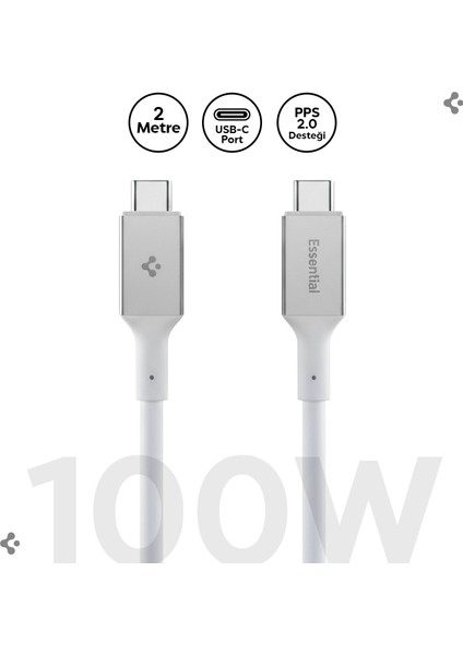 Spigen USB-C to USB-C 2 Metre Kablo 100W Güç / PPS 2.0 Desteği Super Hızlı Şarj / 5 Gbps (E-Marker Çip) Data Aktarım Hızı / PD USB 3.2 Type-C Ekstra Dayanıklı MFI Lisanslı White - ACA08775