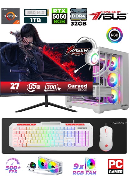 Xaser Sword X55 R7-5700X 32GB 1TB M.2 SSD/ASUS 8GB RTX5060/ 27" 300Hz Sıvı soğutmalı Masaüstü Oyuncu Bilgisayarı