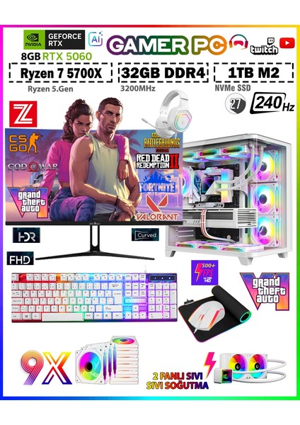 Zeiron Warrior Eagle X55 White Pro Ryzen 7 5700X 32GB 1TB M.2 SSD RTX5060 27" 240Hz Sıvı Soğutmalı Premium Oyuncu Bilgisayar