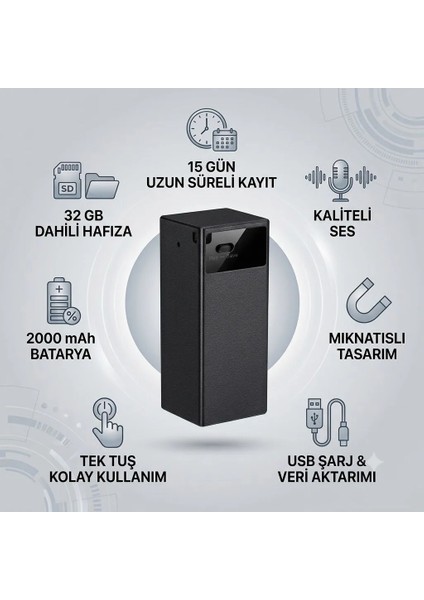 Sıcak Takip Mıknatıslı Mini Ses Kayıt Cihazı 32 GB Dahili Hafıza ile 15 Gün Kayıt Özelliği