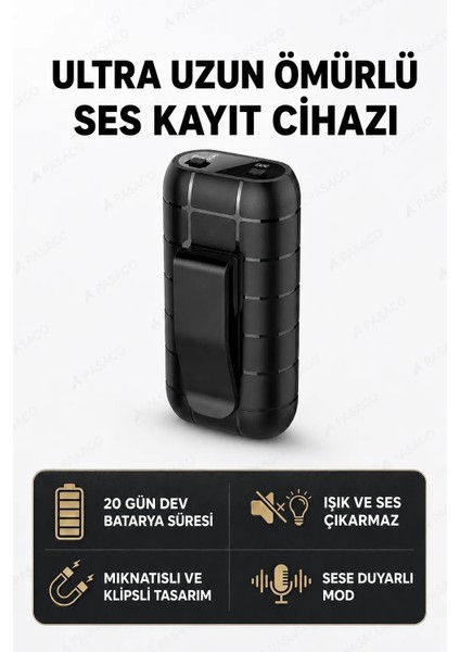 Kingboss 32GB Mini Ses Kayıt Cihazı Mıknatıslı 20 Gün Şarj Profesyonel Kaydedici