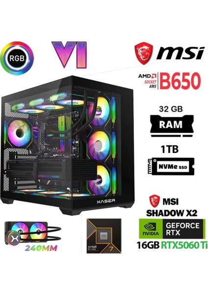 Xaser Lexus X690 Ryzen 7 7800X3D 32GB Ram 1tb M.2 Nvme SSD 16GB RTX5060 Ti Sıvı Soğutmalı Masaüstü Oyuncu Bilgisayarı