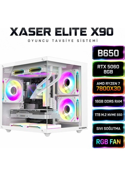 Xaser Elite X90 Ryzen 7 7800X3D 16GB Ddr5 Ram 1tb M.2 Nvme SSD 8gb RTX5060 Sıvı Soğutmalı Oyuncu Tavsiye Sistem