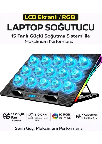 vooka Notebook Soğutucu 15 Fanlı Rgb Işıklı Laptop Soğutucu Stand LCD Ekran Güçlü Sessiz Soğutma