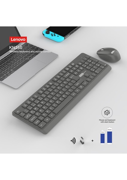 Lenovo KN260 Kablosuz Klavye Mouse Set Sessiz Koyu Gri 870042257