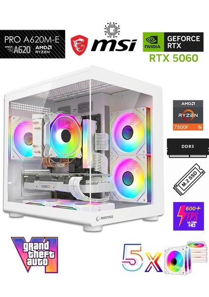 Zeiron Mini X50 AMD Ryzen 5 7500F-MSI A620M-B/MSI Geforce RTX 5060 X2 ICE/512GB M.2/16GB DDR5 Beyaz-Oem Oyuncu Paket