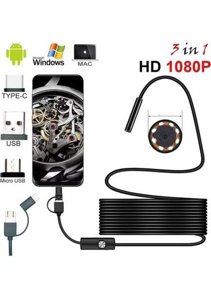 Canarino Endoskop 3 In 1 Yılan Kamera USB Micro USB Type-C 20 Metre Sert Kablo