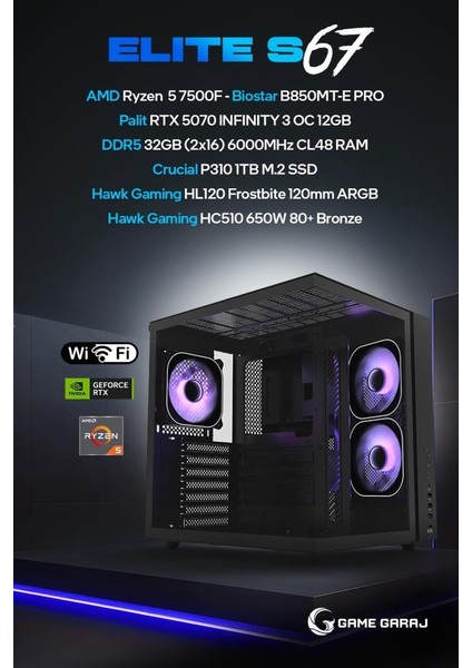Game Garaj Elite S67 Amd R5 7500F 32GB Ram 1tb SSD RTX5070 120MM Sıvı Soğt Freedos Oyuncu Oem Paket