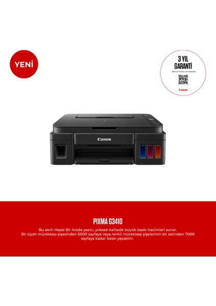 Canon Pixma G3410 Wi-Fi + Tarayıcı + Fotokopi Renkli Çok Fonksiyonlu Tanklı Yazıcı
