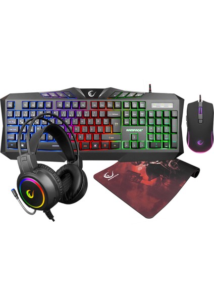 Rampage KM-404 Argentı Rainbow Aydınlatmalı USB Gaming Combo Q Klavye + Kulaklık + Mouse + Mousepad